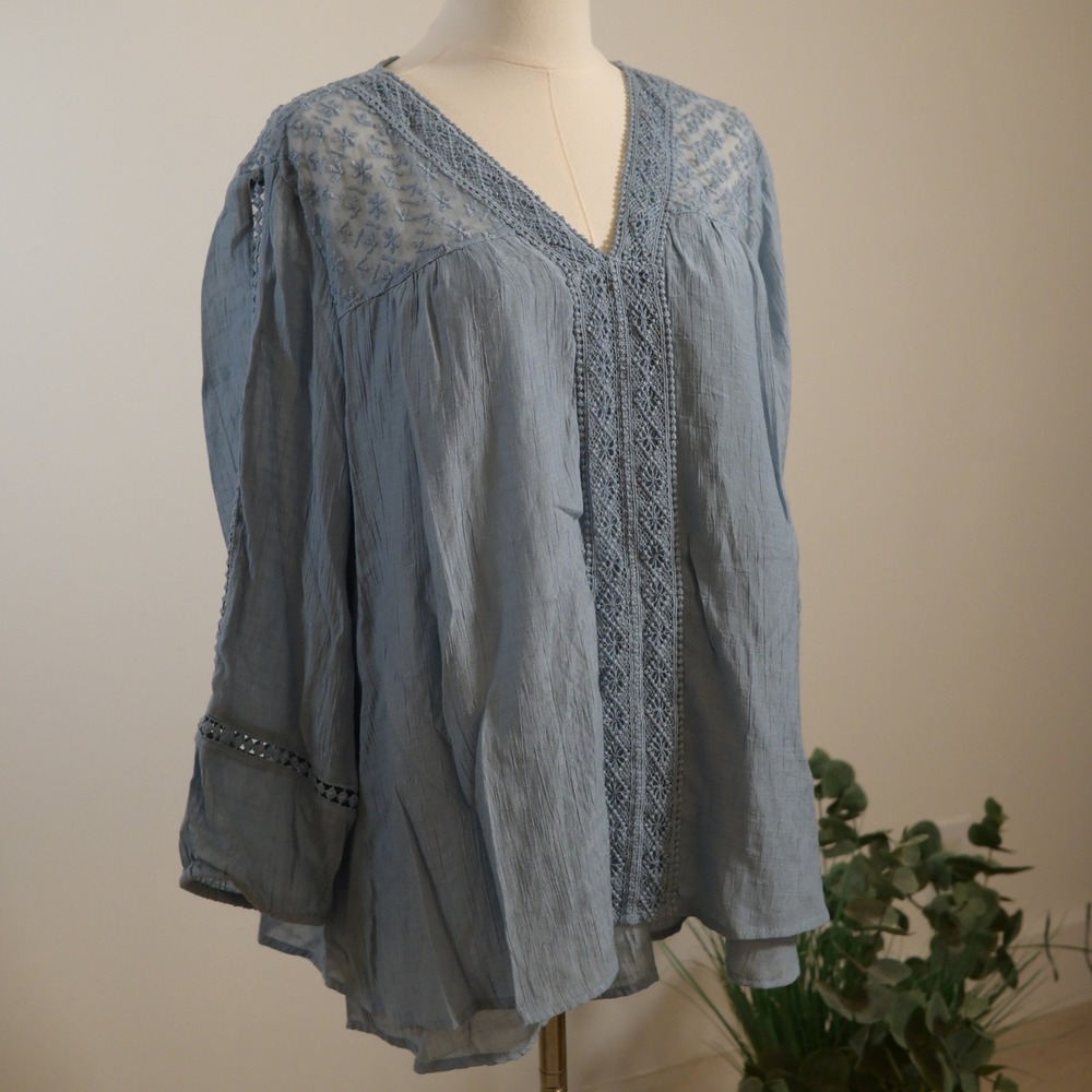 Style & Co Blue Embroidered Lace Trim V-Neck Blouse XL Boho Peasant Top